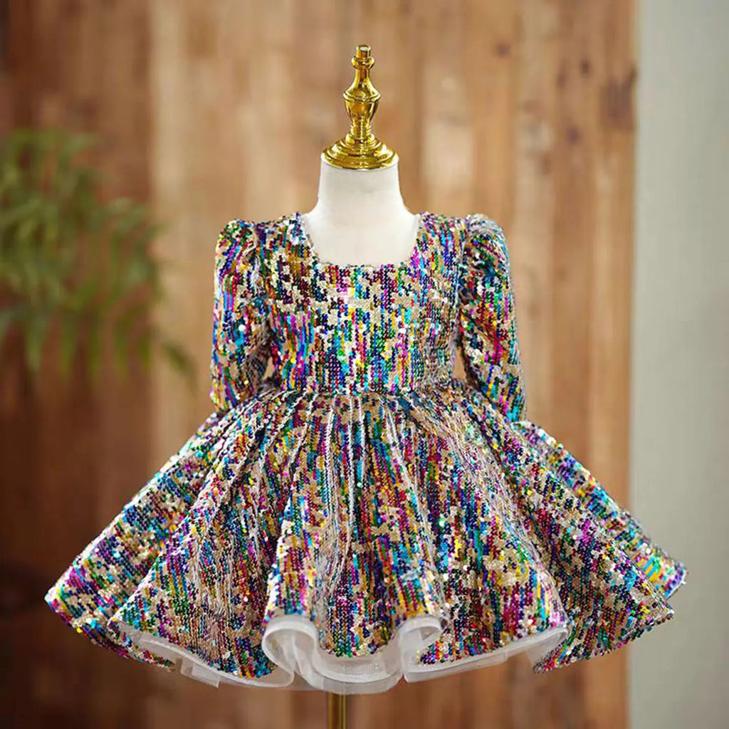 Dreamy Vow J781 Colorful Square Collar Sequined Flower Girl Dress With headdress Half Sleeve Wedding Birthday Holiday Party Gown