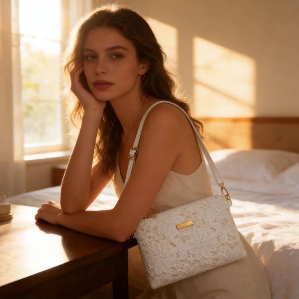 Casual Lace Shoulder Bag Floral Printed Hollow Crossbody Bag Soft Small Square Bag Tote Purse Handbag