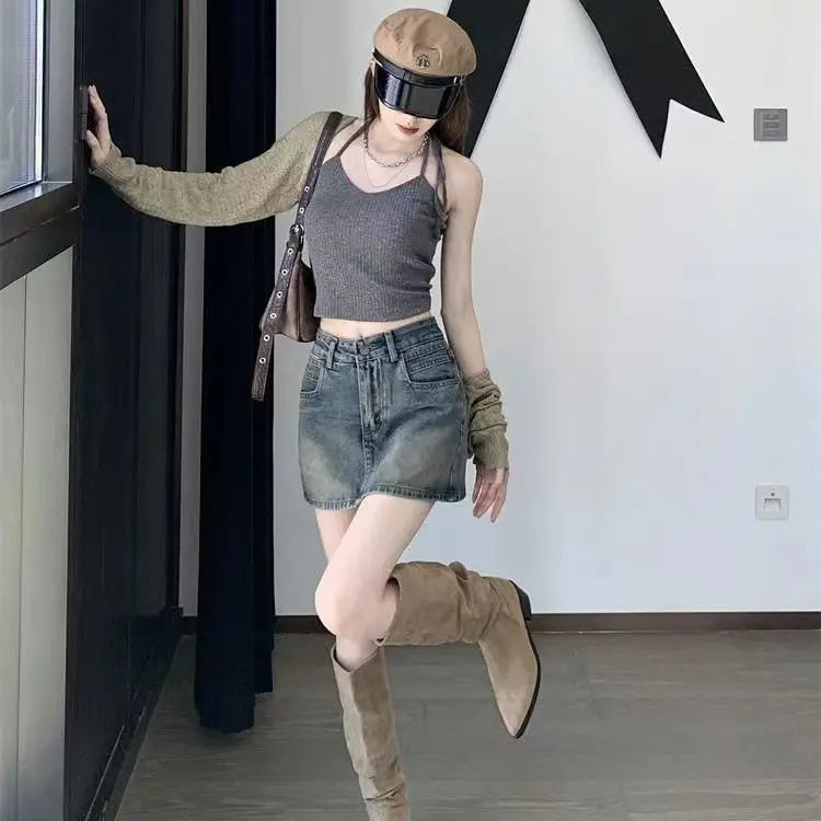 American Retro High Waist Denim Mini Skirt Women's Slimming Sexy Letter Print Half Body Skirt Casual Cotton Blend Fabric