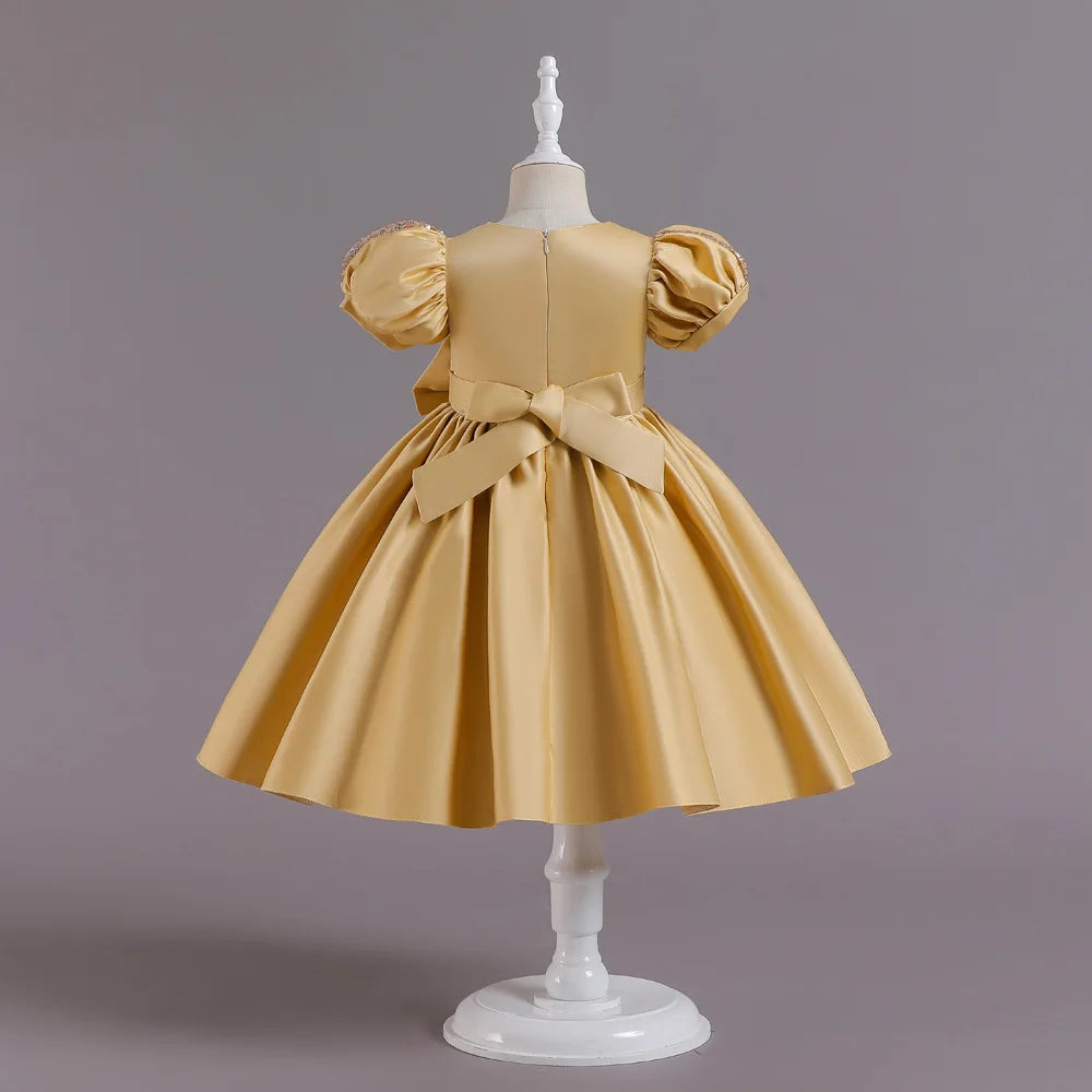 Golden Bow Satin Girls Dress For Weddings Party Children's Pageant Ball Gown Kids Formal Evening Clothing 2-8 10 Years