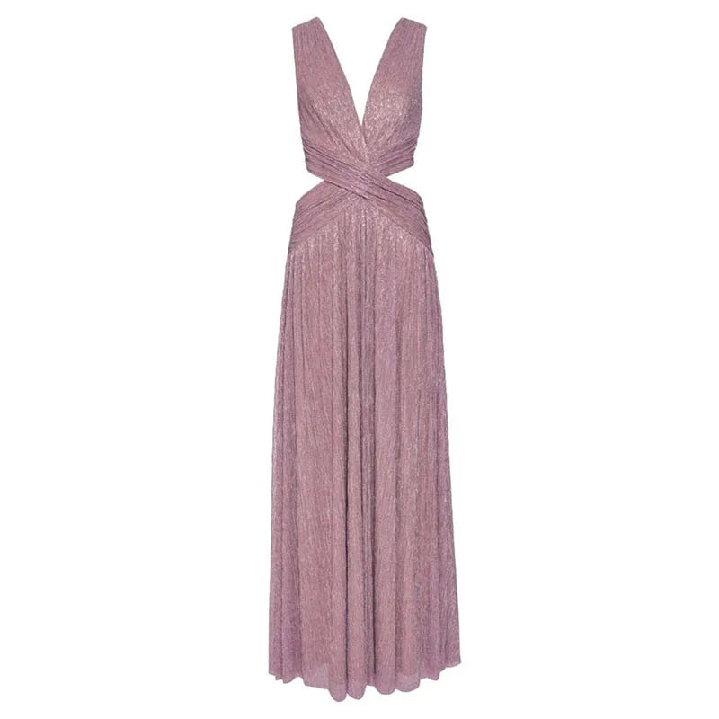 Lady Trendy Backless Sleeveless Banquet Dress Temperament High Waist Women's Pleated Dress Elegant Hollow Out V-neck Party Dress