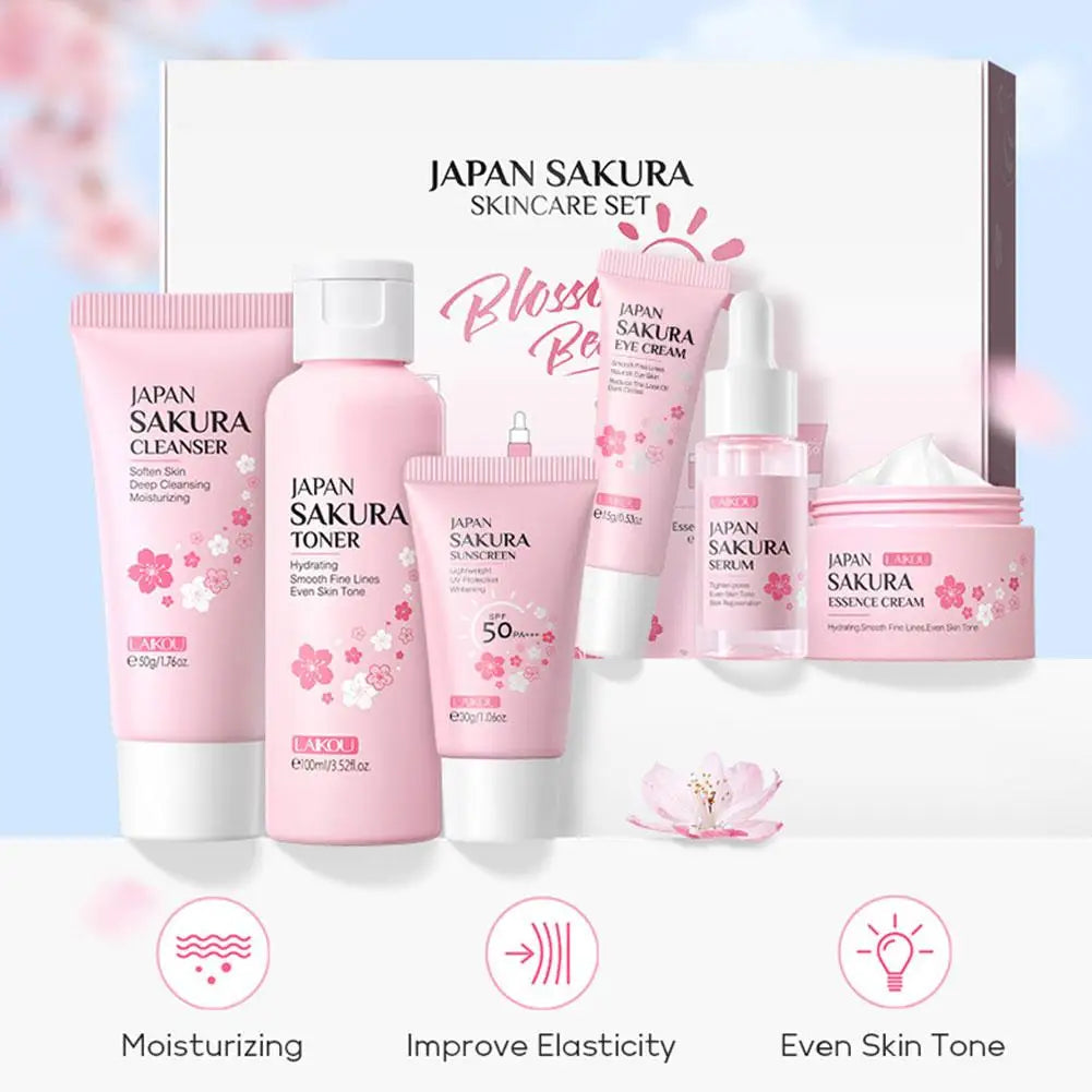 6Pcs/Set Sakura Skin Care Sets Face Cream Serum Toner Facial Cleanser Sunscreen Eye Cream Face Skin Care Set Product Box