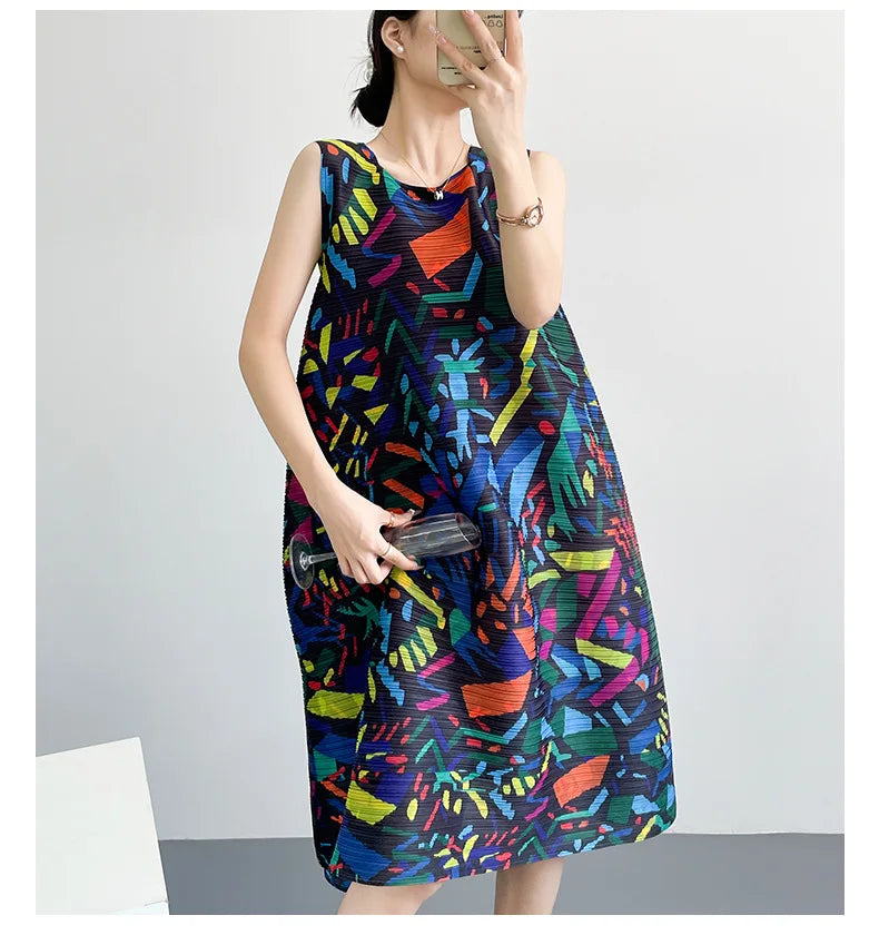 2026 Summer Retro Print Design Flared Dress Women Loose Fit Plus Size Fashion Elegant Sleeveless Dress Travel Vacation Wear