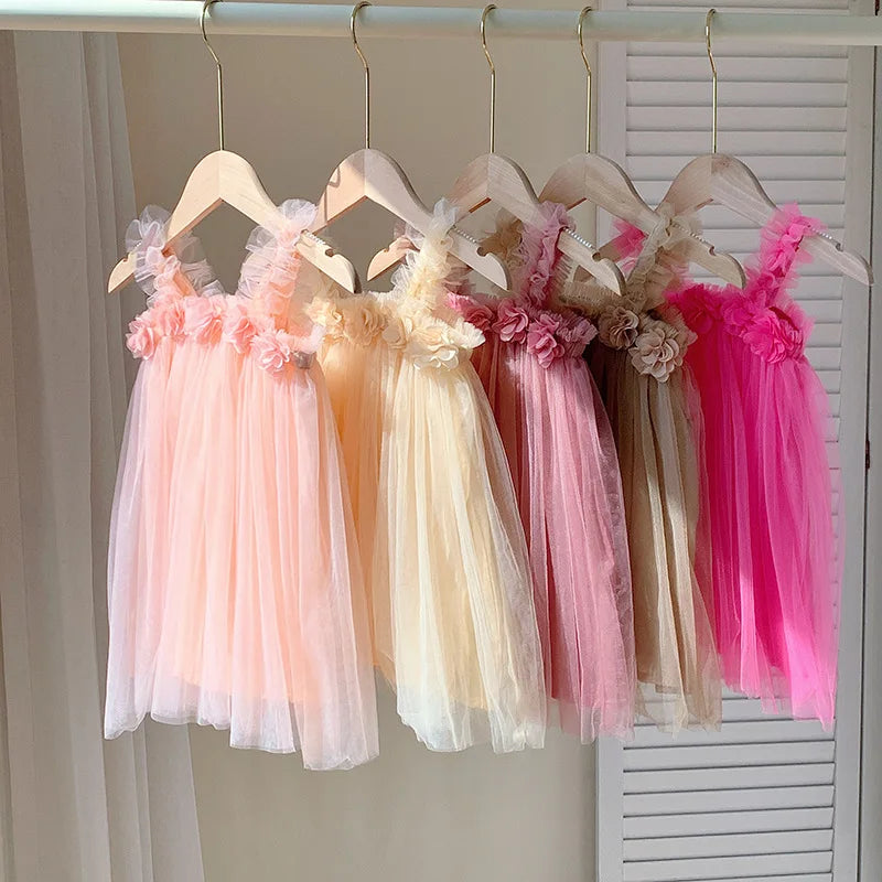 Kids Sweet Mesh Dress 1-6T Summer Children Mesh Tulle Princess Slip Tutu Dresses Girls 6 Colors 3D Flower Mermaid Birthday Dress