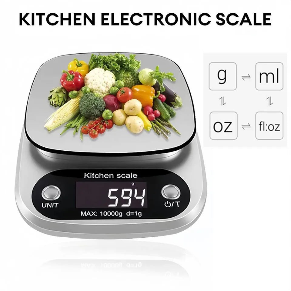 Báscula de cocina de 10 kg, báscula de cocina digital con función de tara, báscula electrónica para joyas y alimentos, pantalla LCD de acero inoxidable