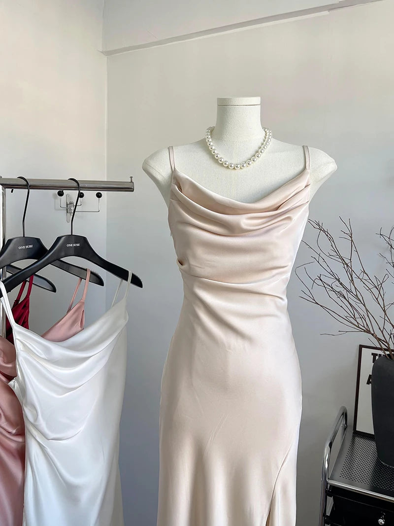 Women's Sexy Swinging Collar Satin Strap Long Dress Lady Summer Solid Color Slim Pleated Wasit Split Party Dress