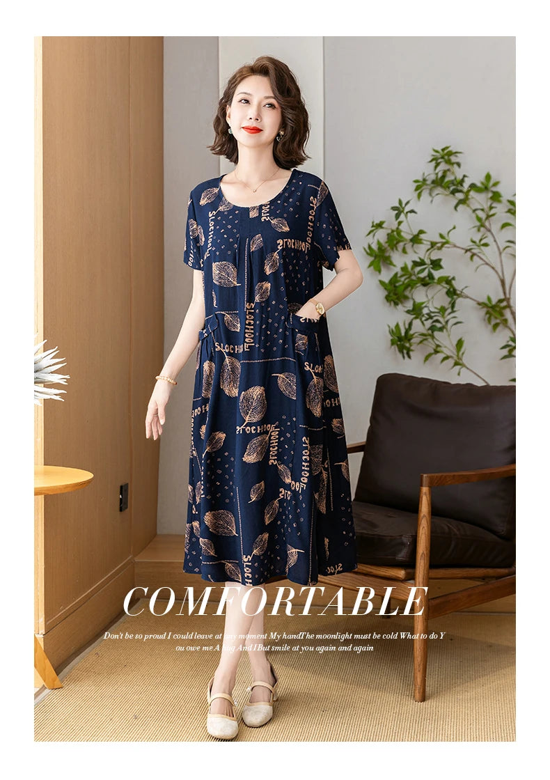 New 2025 Summer Dress Long Vintage Loose Women Elegant Sundress Dress Casual O-neck Dresses Print Plus Size