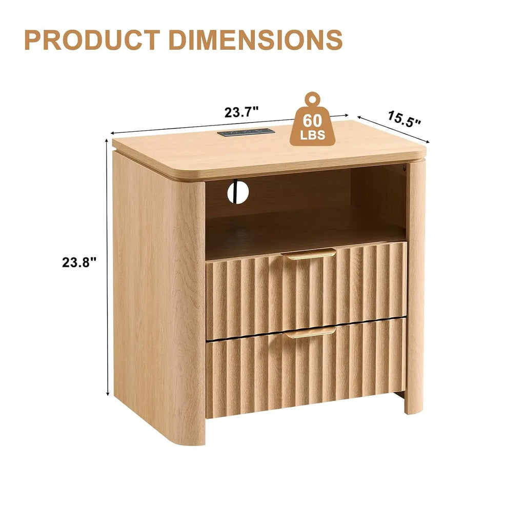 Fluted Nightstand Set Of 2 With Charging Station, 23.7" Wide Modern End Table With 2 Drawers, Wooden Bedside Table, Customized