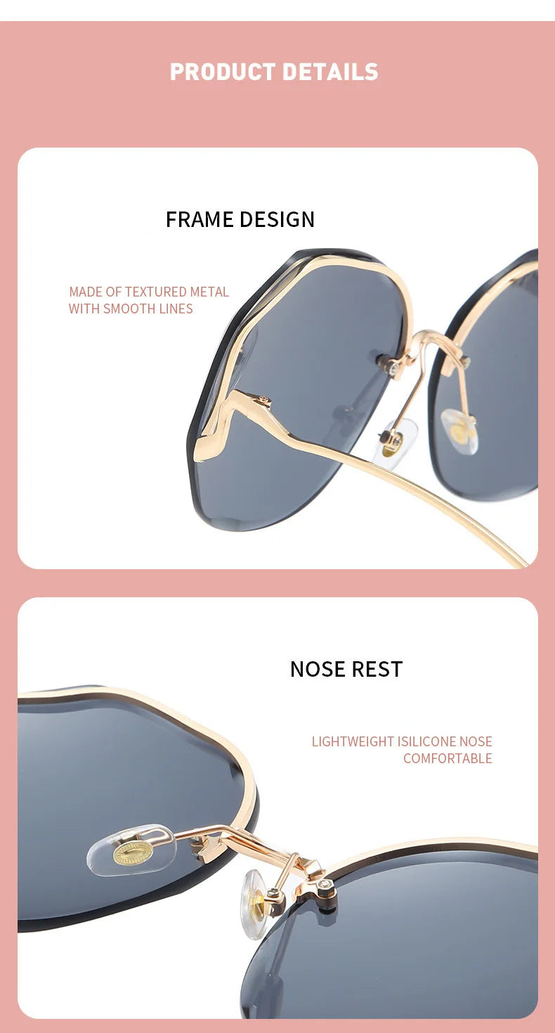 Rimless Sunglasses Polygon Fashion Popular Women Men Shades Big Frame Round Sun Glasses for Female Glasses Gradient Sunglasses