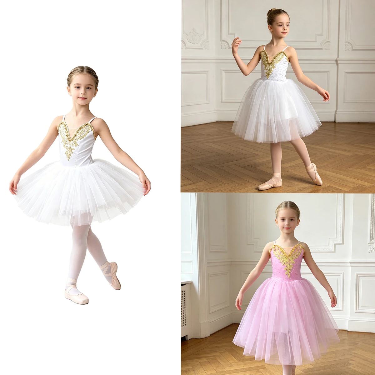 Kids Girls Tutu Ballerina Ballet Dance Performance Dress Adjustable Spaghetti Strap Applique Bodice Tulle Tutu Dress Dancewear