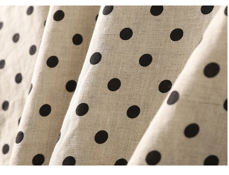 Summer Vintage Polka Dot Cotton Lin Short Sleeve Women's Dress Loose Slimming Gown Side Buttoned Midi Skirt A-Line Dress