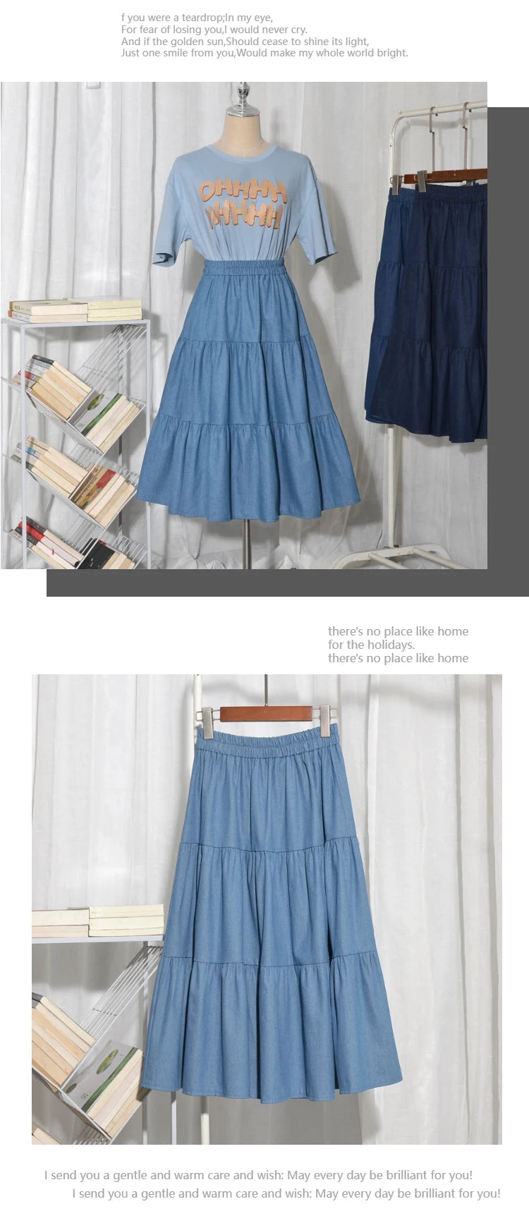Summer Cake Splicing Denim Skirt Women's A-Line Midi Retro Elastic Waist Slimming Fat MM Light-Colored Skirts Korean Sle Hi...