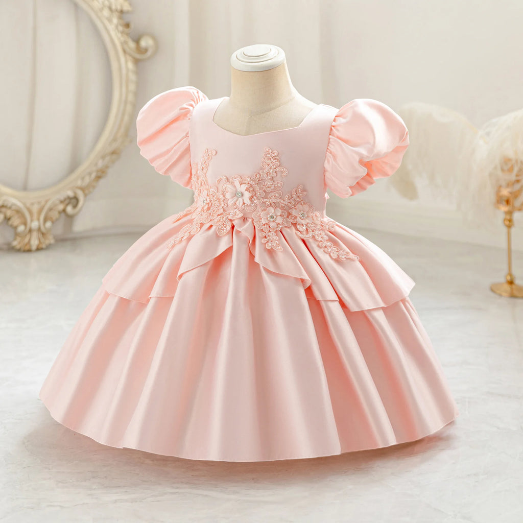 HETISO Baby Girls Appliques Flower Solid Satin Princess Fashion Dresses Ball Gown for Party Birthday New Year 6M-4 Years