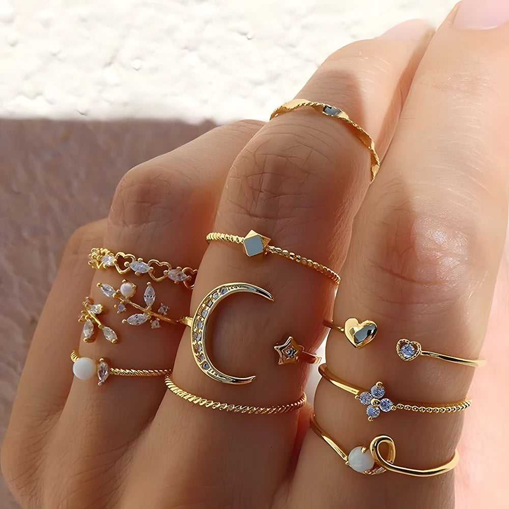 10Pcs Rings Suit For Women'S Gold-Color Chain Ring Set Bohemian Style Coin Snake Moon Star Leaves Love Trend Jewelry
