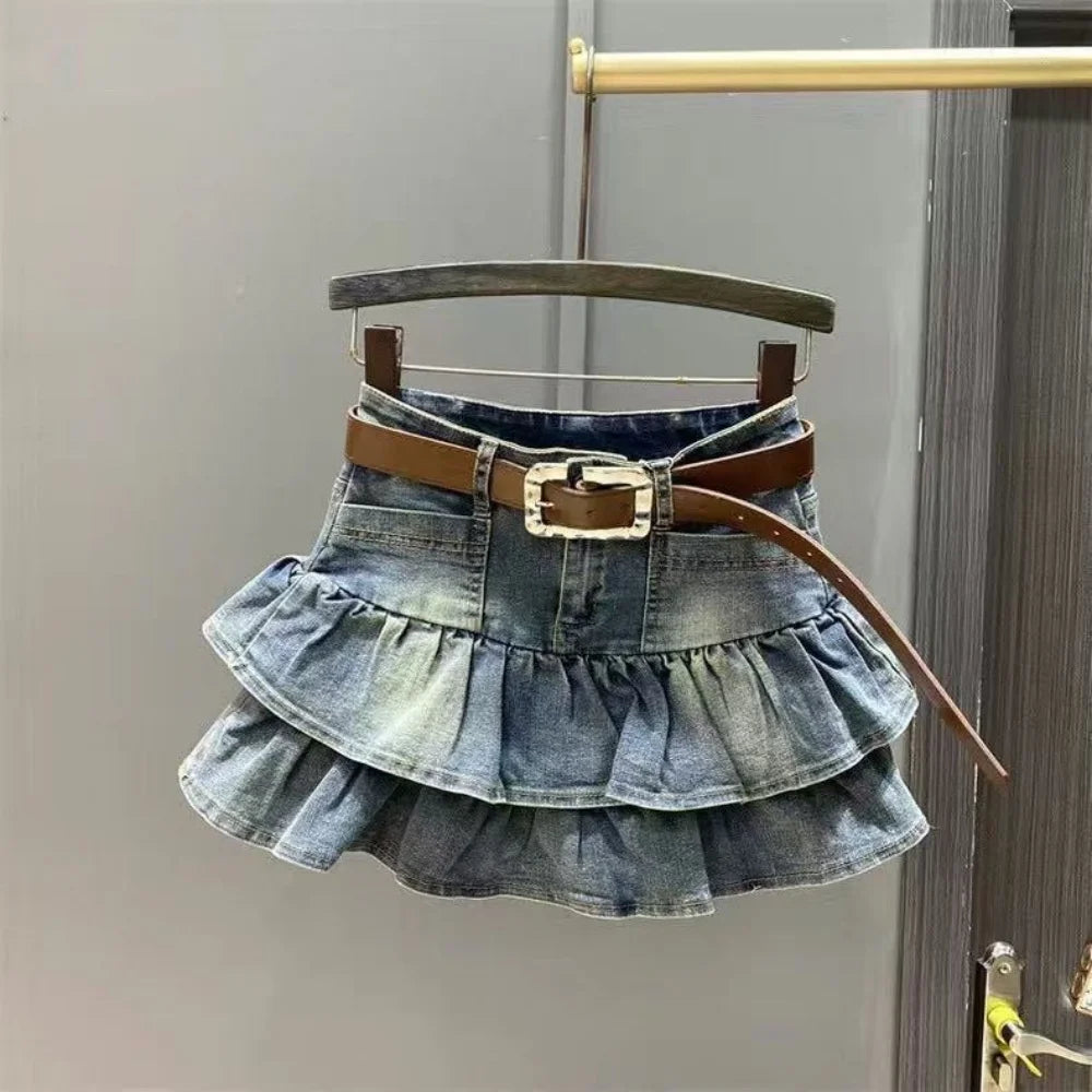 Girls Dress 2025 Summer New Denim Short Skirt Korean Version Flanged Cake Skirt Elastic Elastic Waist A-line Skirt Fashion 3-14Y