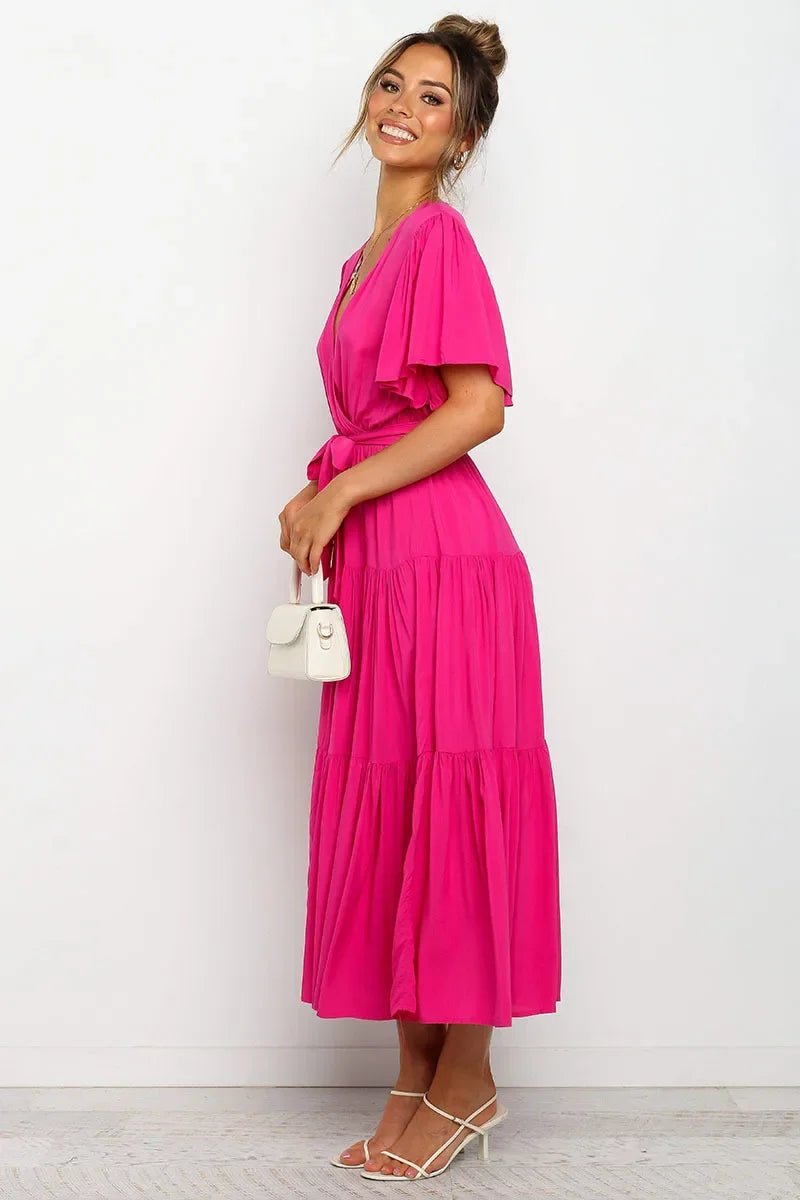 Summer Bohemian Long Dress Pure Color V-Neck Short Sleeve Empire Waist Design Floor Length with Belt Loose Fit Women's Dress