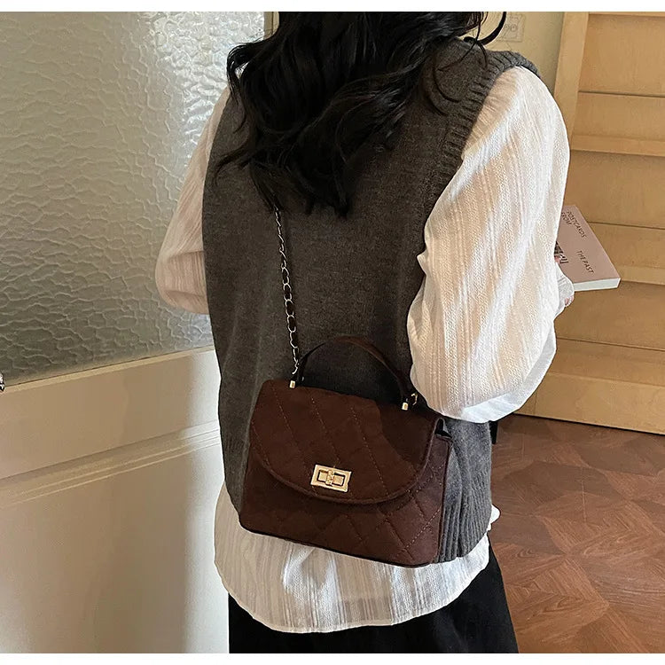 Diamond Grid Chain Crossbody Bag One Shoulder Purse Trendy Flip Top Clutch Women's Fashion Suede Leather Casual Shoulder Bag
