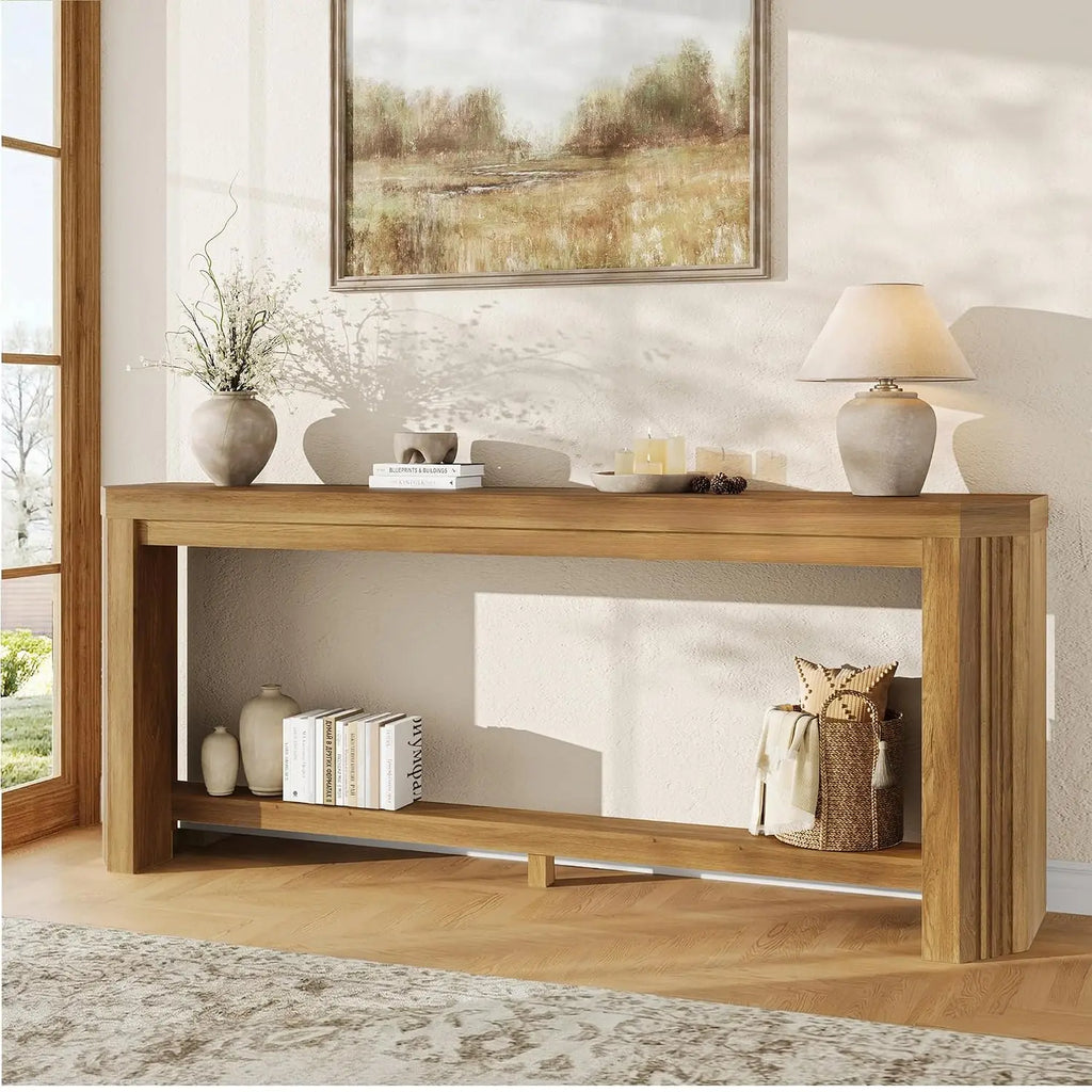 70" Console Table, Narrow Long Sofa Table with Open Storage, Easy Assembly for Entryway & Living Room, Light Brown, Customized
