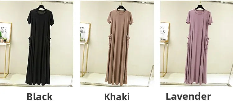 Casual Modal Sleep Dress Women Summer Large Size round Neck over Knee Long Dress Loose Slimming Short Sleeve Dress