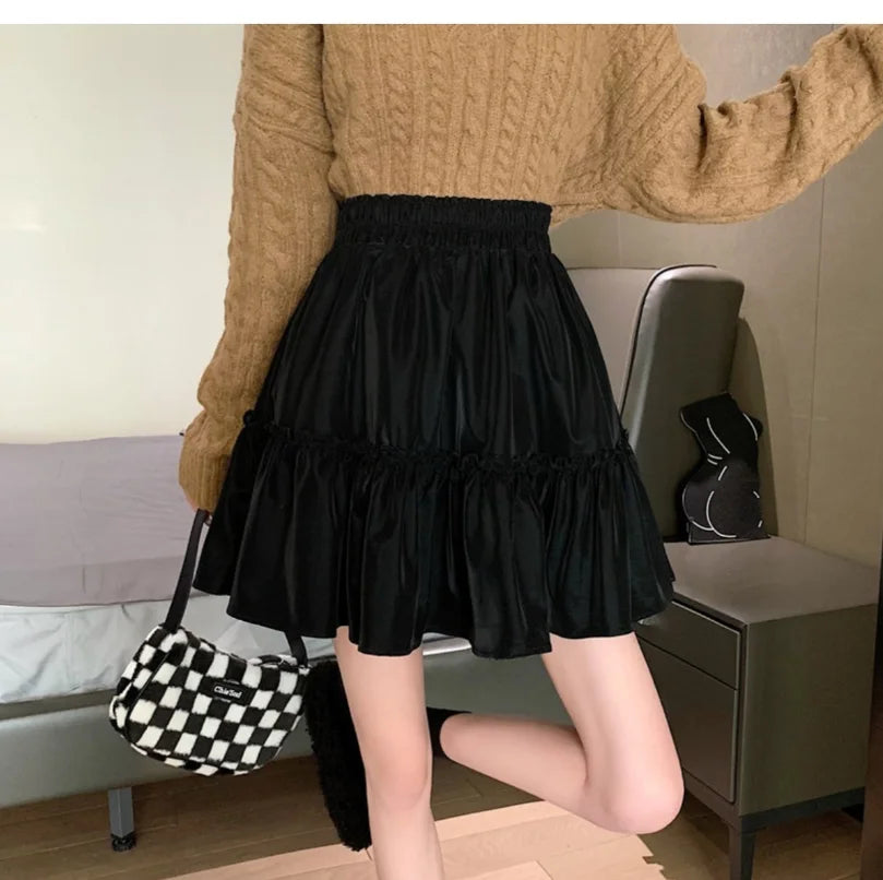 Ruffled Cake Skirts for Women High-waisted A-line Solid All-match Sweet Lovely Girls Korean Style Gentle Spring Kawaii Casual