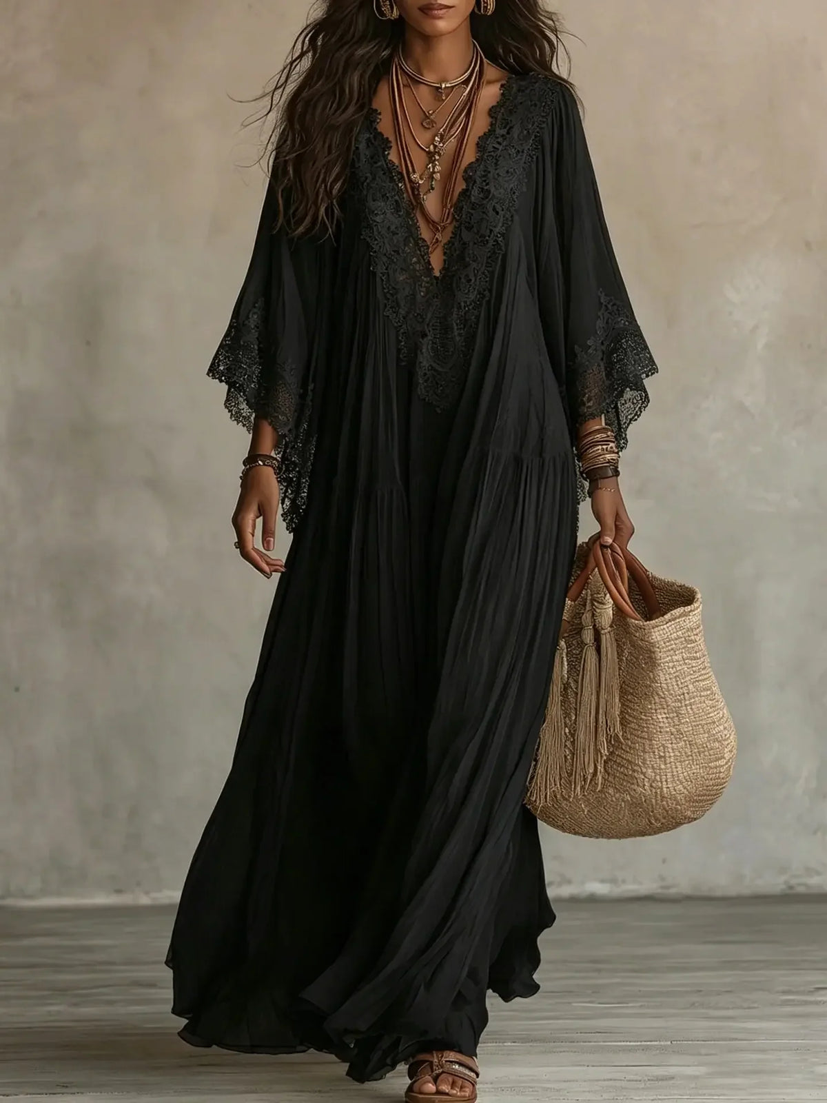 Robe Vestidos Summer Elegant Solid Dresses Womens Casual Lace Trim V Neck Flowy Maxi Dress Beach Holiday Party Maxi Dresses
