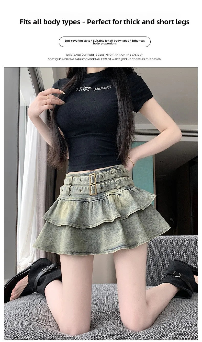 American Pure Desire Spicy Girl Design Elastic Denim Skirt Half-length Pleated Cake Skirt Short Commute High Elasticity