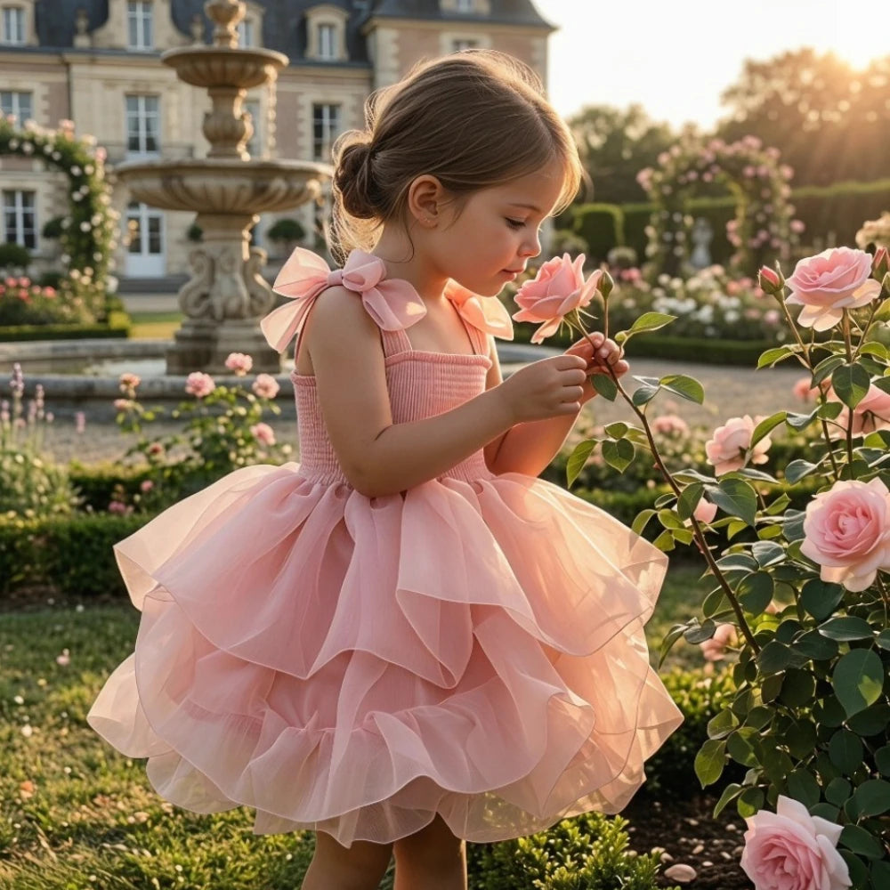 2026summer Fashion Baby Girl Princess Tutu Dress Bowknot Sleeve Child Tulle Vestido Pageant Party Birthday Baby Clothes 0-10Ynew