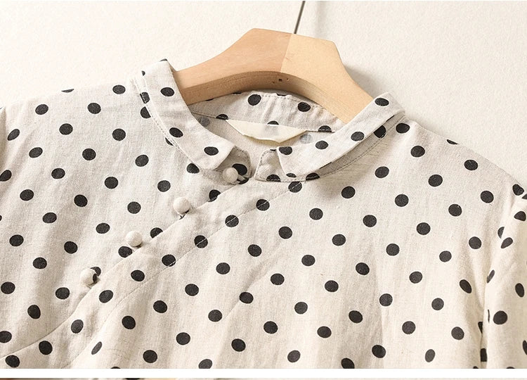 Summer Vintage Polka Dot Cotton Lin Short Sleeve Women's Dress Loose Slimming Gown Side Buttoned Midi Skirt A-Line Dress