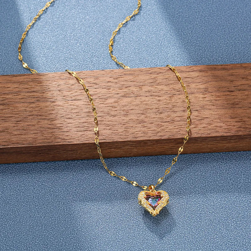 Top Luxury Colorful Crystal Ocean Heart Pendant Necklace For Women'S Trendy 316L Stainless Steel Jewelry Female Wedding Neck Chain