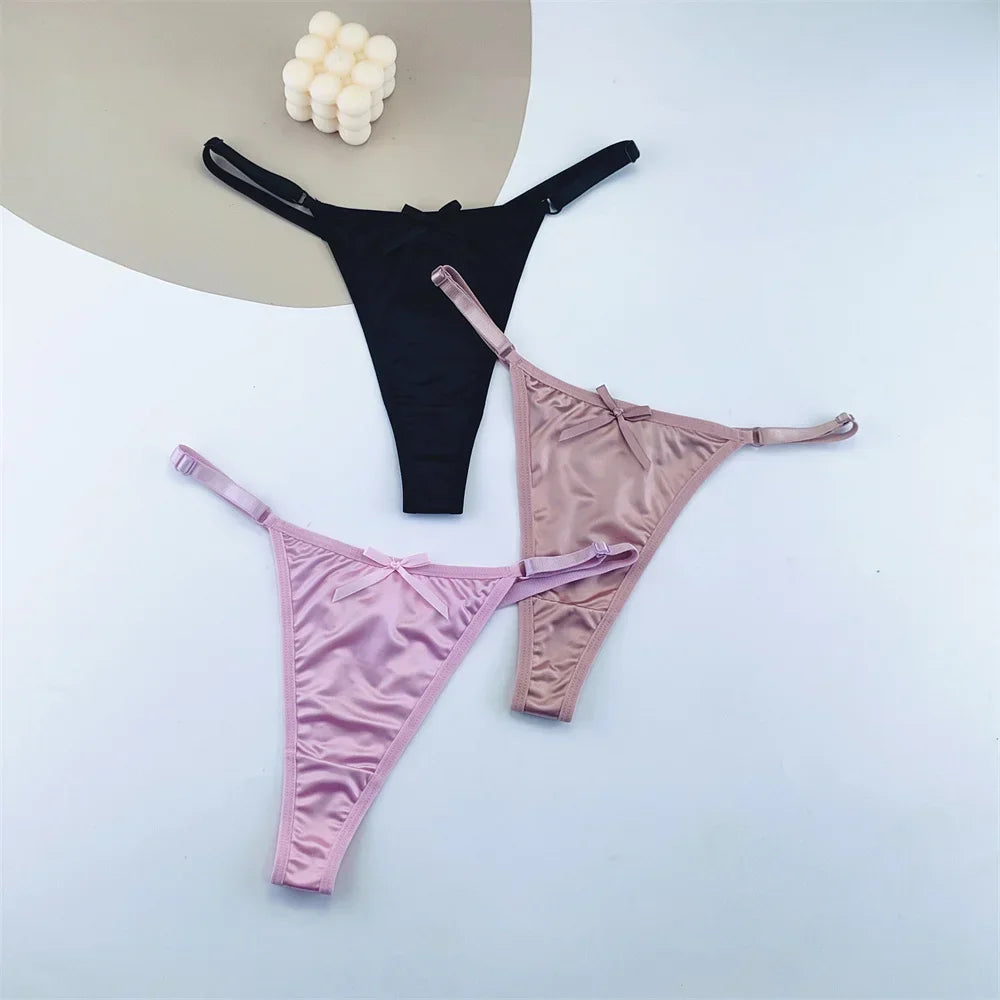 3PCS Women's Adjustable Satin G-String Thong Panties - Low-Rise Bow