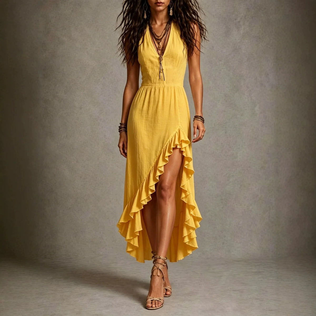 Casual V-Neck Sleeveless Long Midi Dress Polyester Fabric Independent Station Women's Fashion Pleated High Waist Travel Style