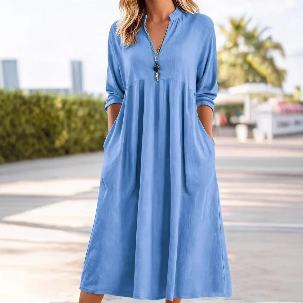 Women Vintage Linen V-neck Dual Pockets Mid-Calf Length One Piece Solid Dresses 3/4 Sleeve  Spring Summer 2026 Loose Dress