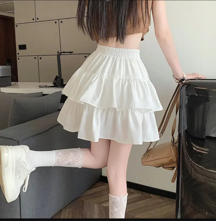 Ruffled Cake Skirts for Women High-waisted A-line Solid All-match Sweet Lovely Girls Korean Style Gentle Spring Kawaii Casual