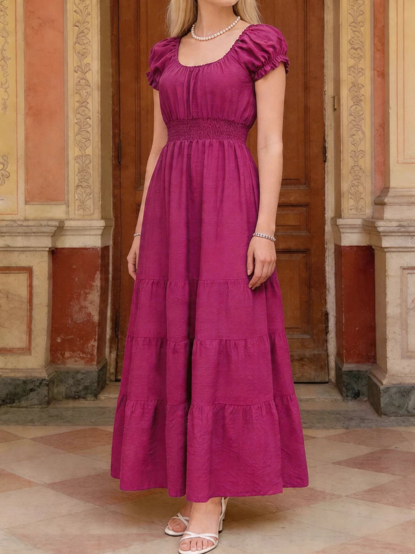 Multi-Color Casual Solid Square Neck Bubble Sleeve Elastic Waist Tiered Flowy Maxi Dress For Women