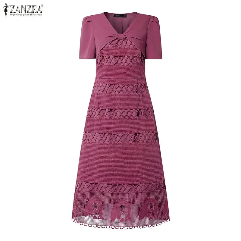 Stylish Women Lace Patchwork Dresses ZANZEA 2026 Summer Sundress Elegant V Neck Party Dress Short Sleeve Embroidered Work Robes