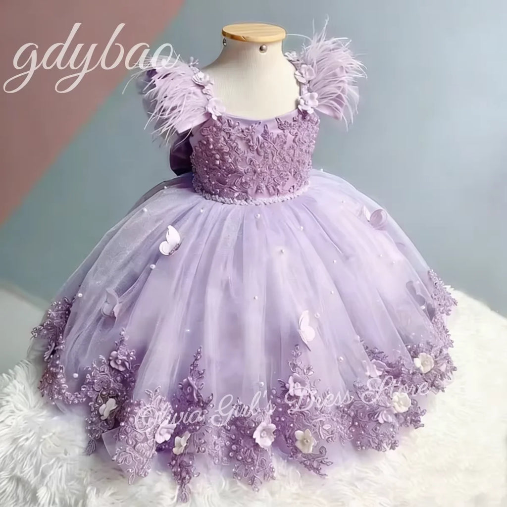 Pink Baby Children's Sheer Birthday Party Flower Girl Feather Dress Long Bow Pearl Pageant Communion Gown