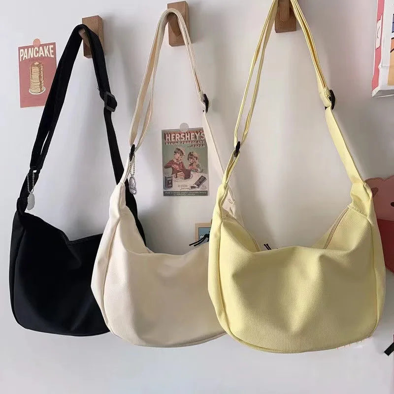 Canvas Crossbody Bag, Large Capacity Casual Shoulder Purse with Cute Bag Charm, Adjustable Strap for Teen School Sling Bag