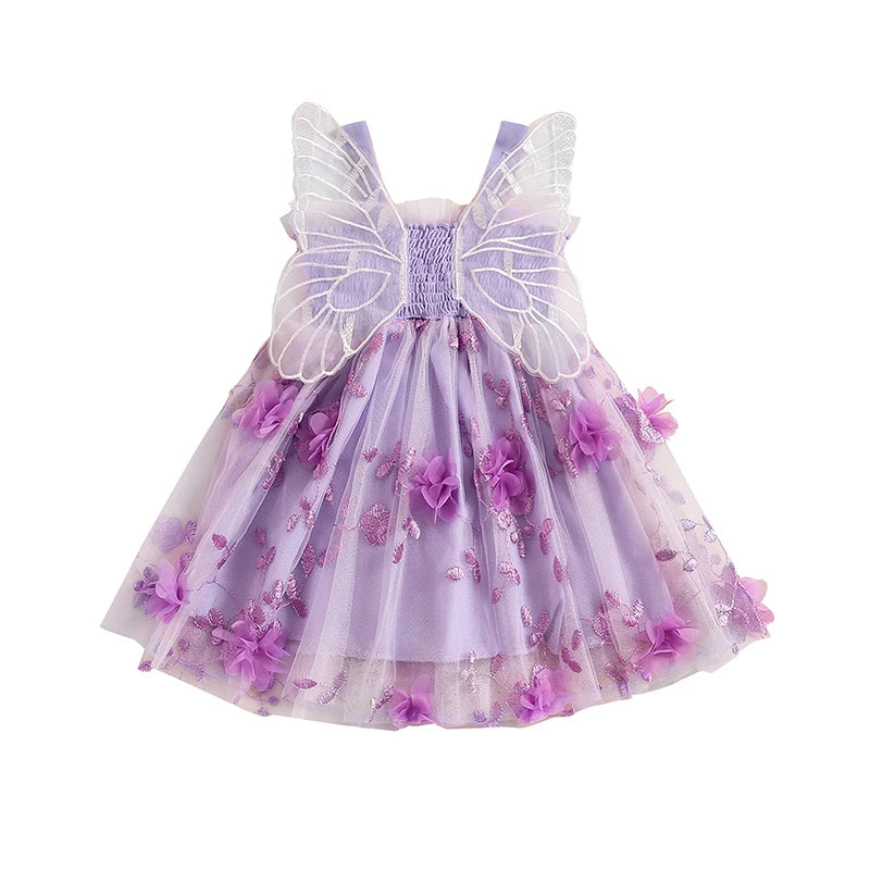 Toddler Baby Girls Birthday Party Sleeveless Dress Summer 3D Flowers Cute Tulle Princess A-Line Dress with Butterfly Wing