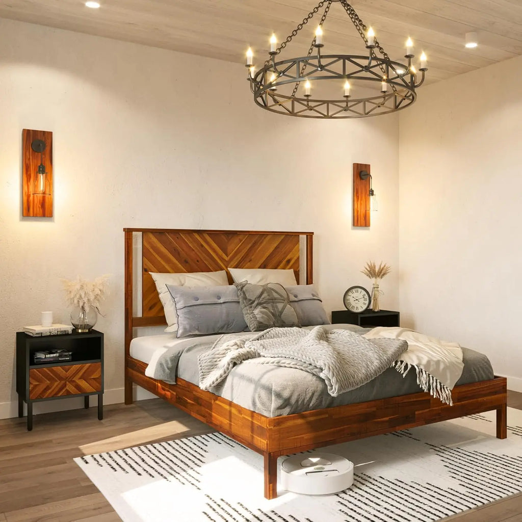 Bme Vivian 14 Inch Deluxe Bed Frame with Headboard, Rustic & Scandinavian Style with Solid Acacia Wood, No Box Spring Needed, 12