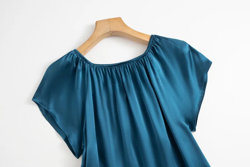 Women's Summer Casual Clothing 100% Natural Mulberry Silk Plain Satin Loose Short Sleeved Solid Color Princess Nightdress