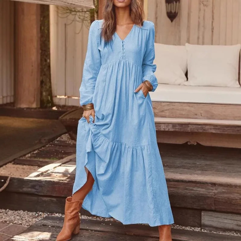Loose Long Sleeve Cotton Linen Dress Retro Button Spring Autumn Vacation Women Skirt