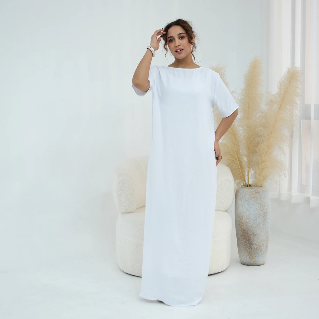 Modest Short Sleeve Women Inner Dress Basic Abaya Muslim Eid Ramadan Round Neck Maxi Loose Casual Long Versatile Fashion Kimono