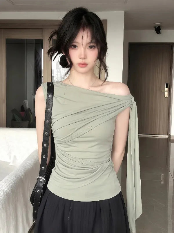 Elegant plus Size Women's T-Shirt Shoulder Bared Slim Fit Summer New Style Korean Version Commute Style Short Sleeve Top
