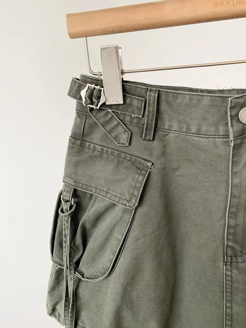 Women's Autumn Winter Pockets Drawstring Denim Skirt Lady Solid Color High Waist A Line Short Skirt