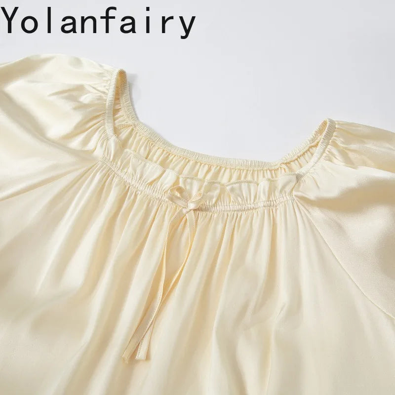 YOLANFAIRY 93% Real Mulberry Silk Pajamas for Woman 2026 Spring Summer High-end Sets Woman 2 Piece Short Sleeve Pijamas De Mujer