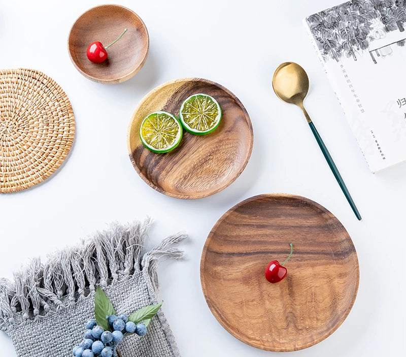Wooden Dinner Plates Household Round Coffee Tray solid wood Tea saucer ins Japanese style dim sum For Food Snack Dishs