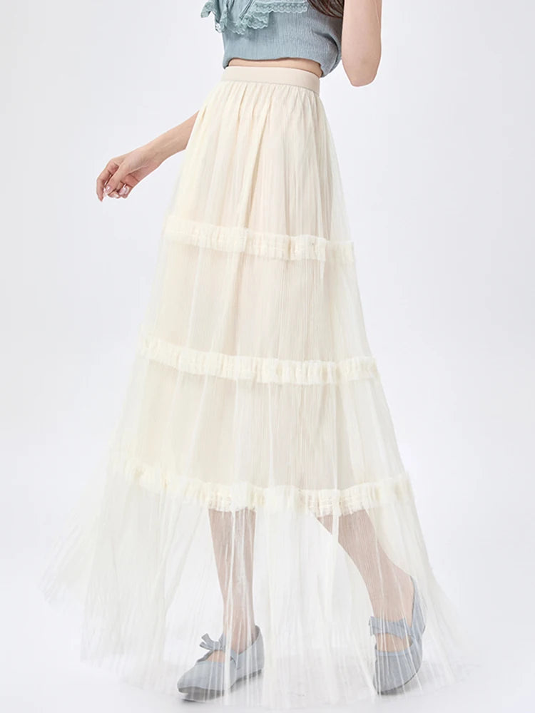 Women's Skirt Spring Summer Tiered Tulle High Waist Ruffle Hem A-Line Pleated Maxi Layered Mesh Cake Skirt Female Faldas SK120