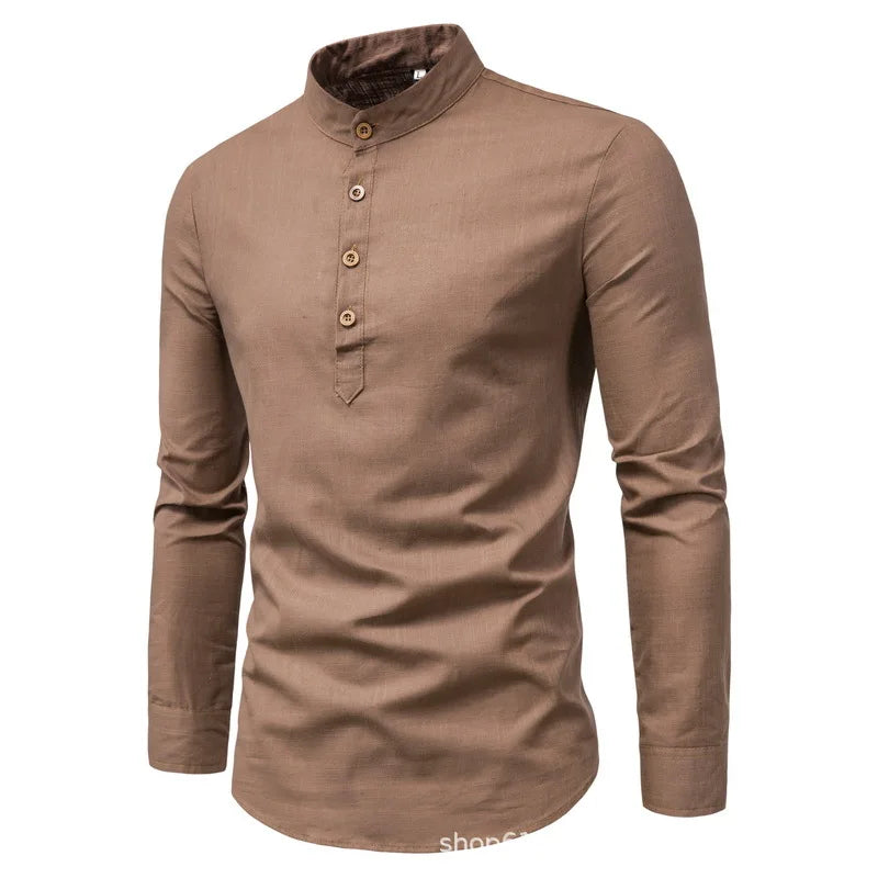 Men's Solid Color Casual Slim Fit Stand Collar Long Sleeve Shirt