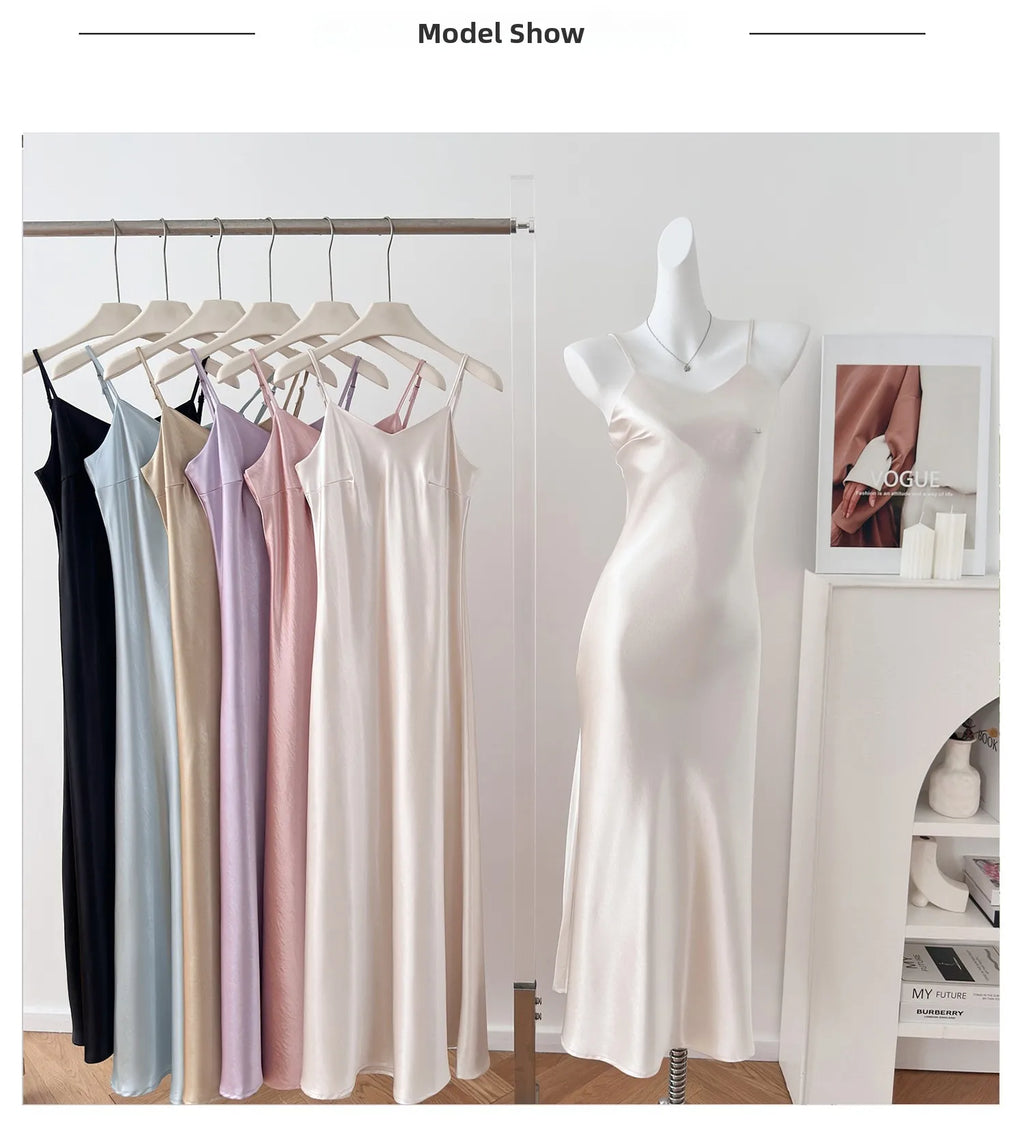 Elegant Chinese Style Satin V-Neck Sleeveless Women's Dress Slimming Waist Design Summer City Walk Long Skirt Inner Wear