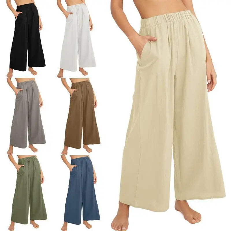 Women Casual Cotton Linen Wide Leg Pants High Elastic Waist Pleated Loose Trousers Pockets Solid Color Summer Boho Baggy Pants